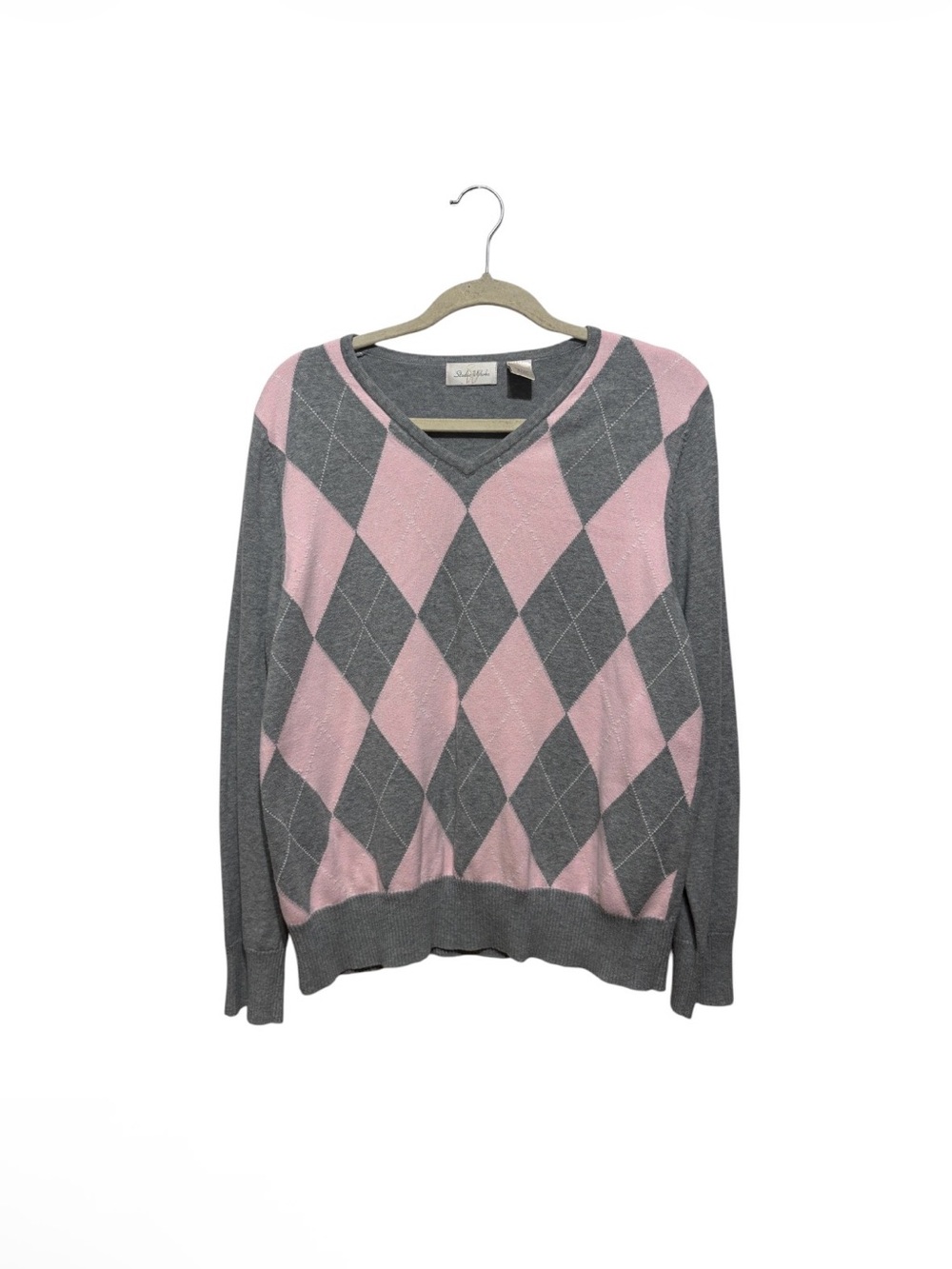 Studio Works Pink & Gray Argyle V-Neck Sweater